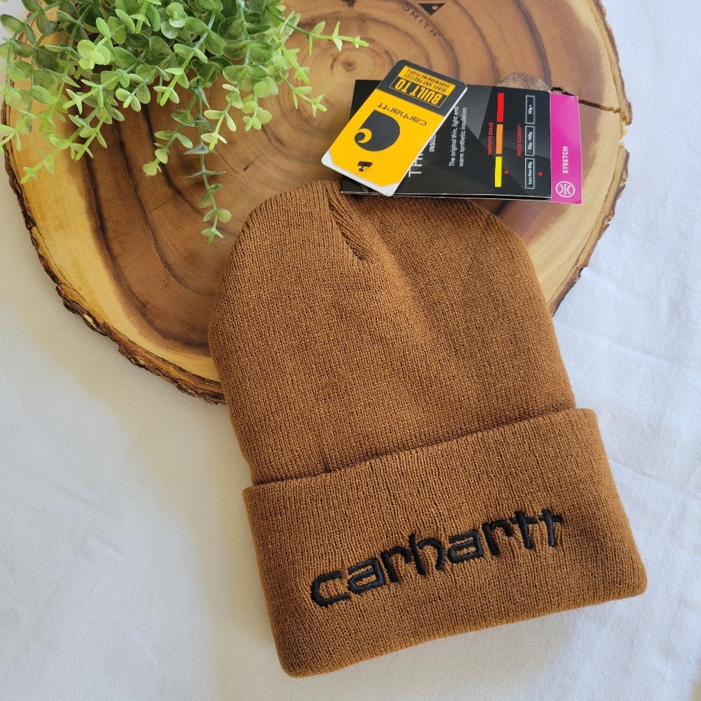 Carhartt Beanie Brown Cuffed Knit Insulated Winter Hat, Black Embroidered Logo